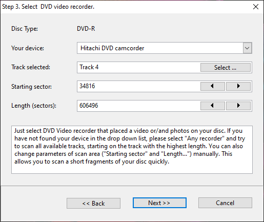 Step 3. Params for the first scan on the damaged dvd