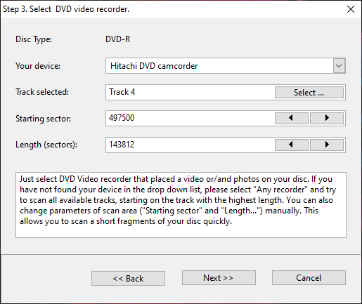 Step 3. Params for the new scan on the damaged dvd
