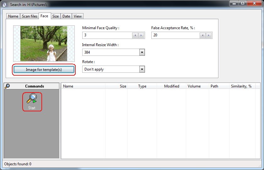 Face recognition. Select face template